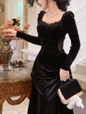 Gothic Vintage Long Sleeve Elegant Velvet Midi Dress