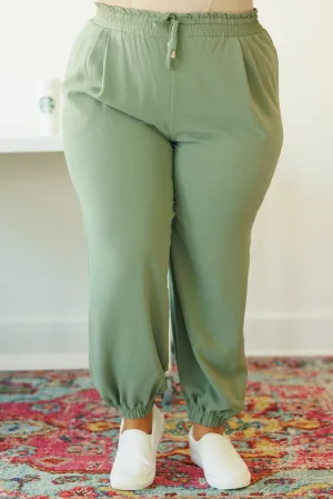 Grass Green Plus Size Drawstring Shirred Waist Casual Jogger Pants