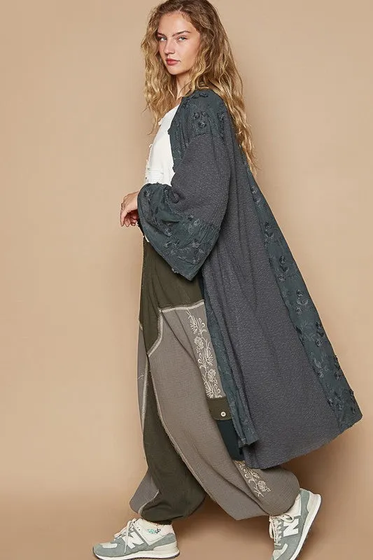 Gray Flower Lace Trim Open Front Longline Cardigan