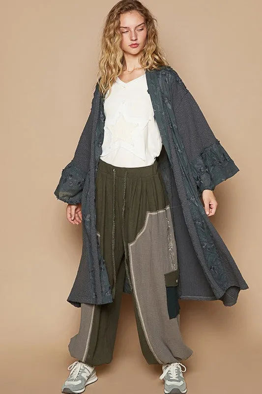 Gray Flower Lace Trim Open Front Longline Cardigan