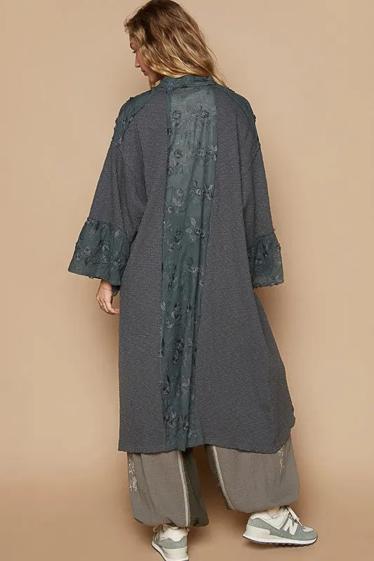 Gray Flower Lace Trim Open Front Longline Cardigan