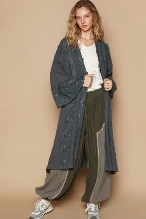 Gray Flower Lace Trim Open Front Longline Cardigan
