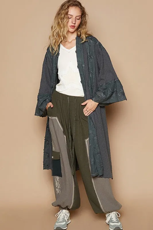 Gray Flower Lace Trim Open Front Longline Cardigan