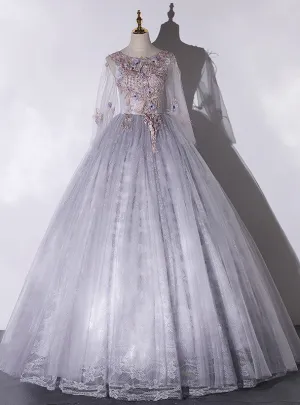 Gray Tulle Lace Appliques Long Sleeve Quinceanera Dresses
