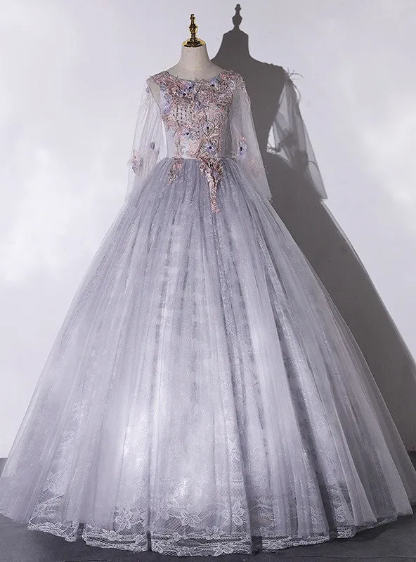 Gray Tulle Lace Appliques Long Sleeve Quinceanera Dresses