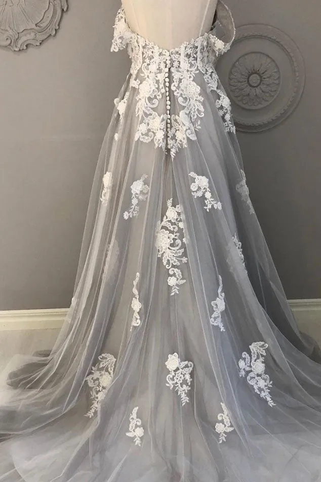 Gray tulle lace long prom dress gray tulle lace formal dress
