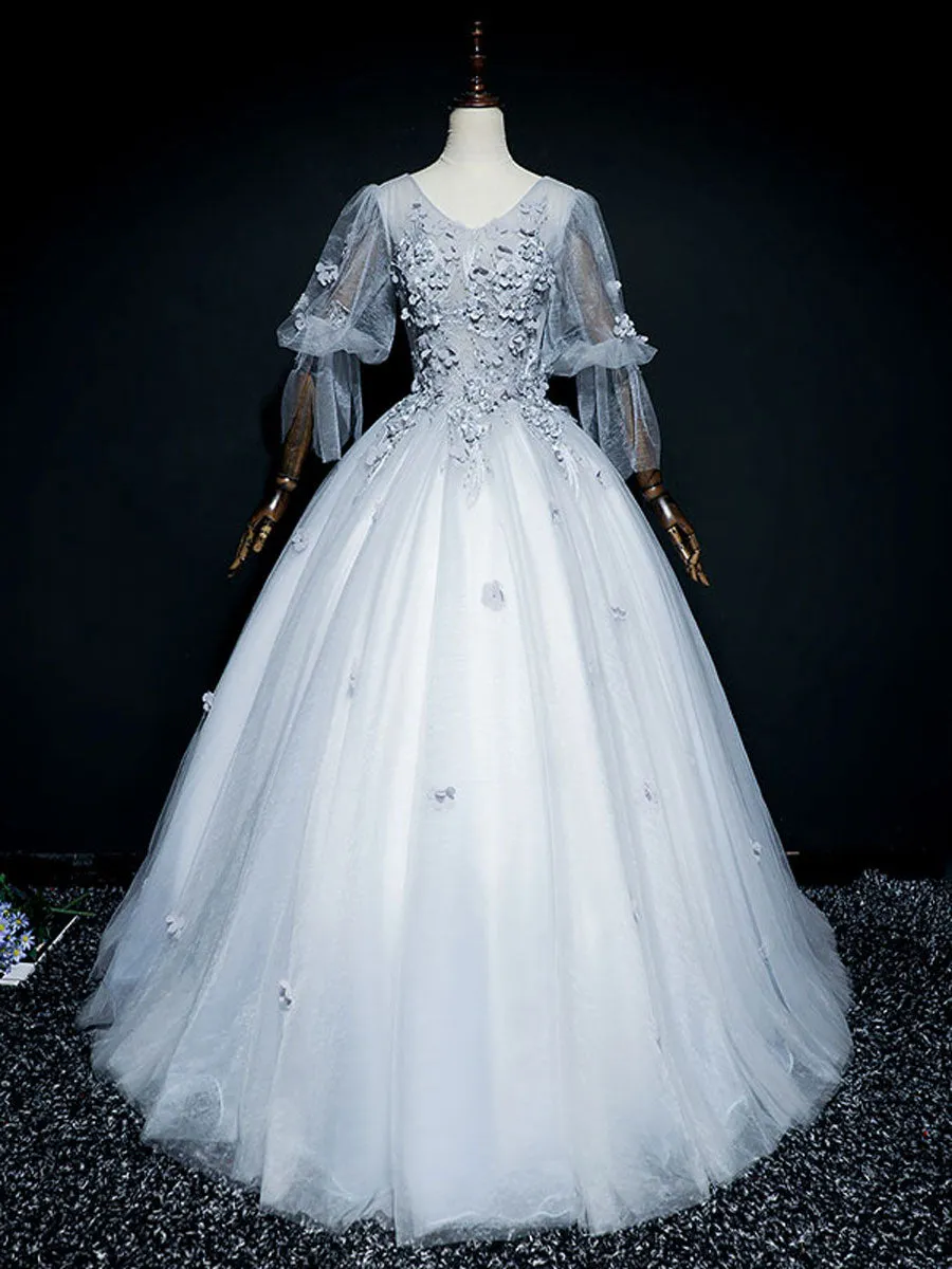 Gray v neck tulle lace long prom dress, gray tulle lace evening dress
