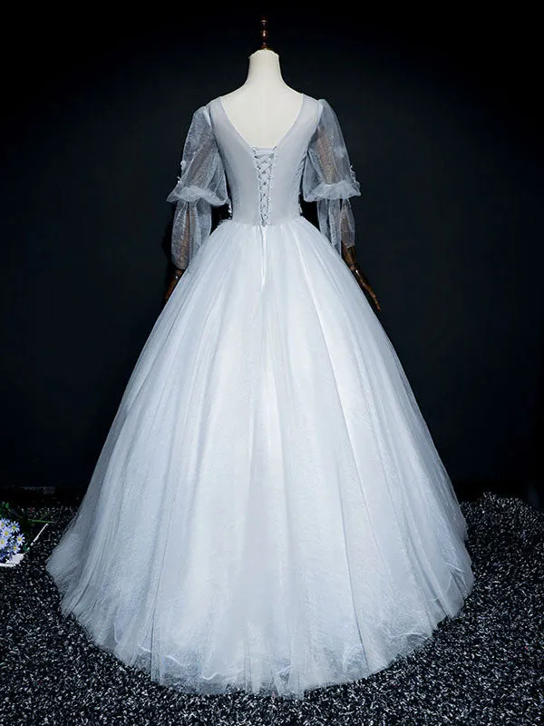 Gray v neck tulle lace long prom dress, gray tulle lace evening dress