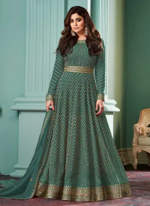Green Embroidered Floor touch Anarkali