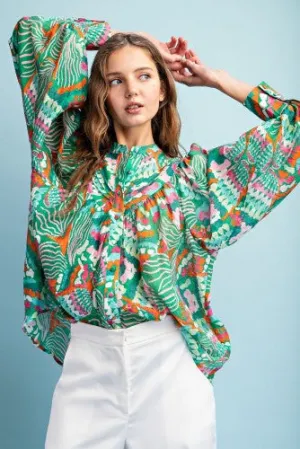 Green Pink Printed Bubble Sleeve Button Front Blouse