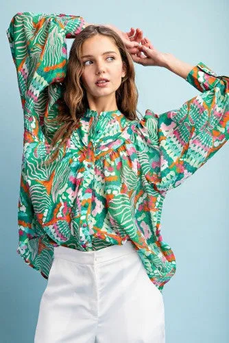 Green Pink Printed Bubble Sleeve Button Front Blouse