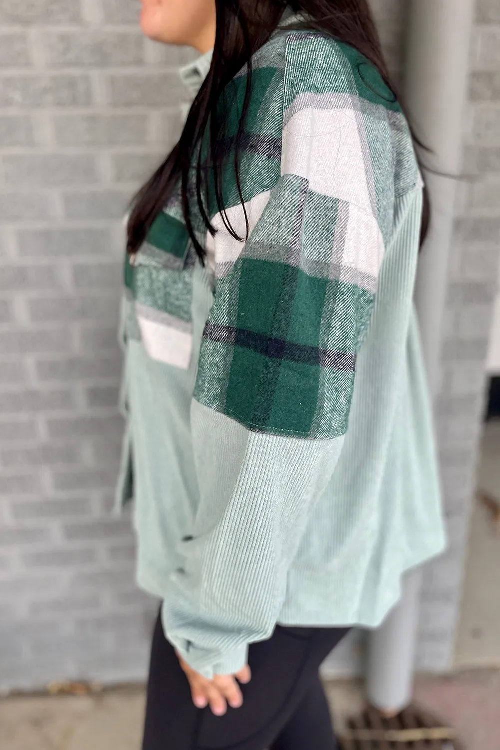 Green Plaid Patchwork Plus Size Corduroy Shacket