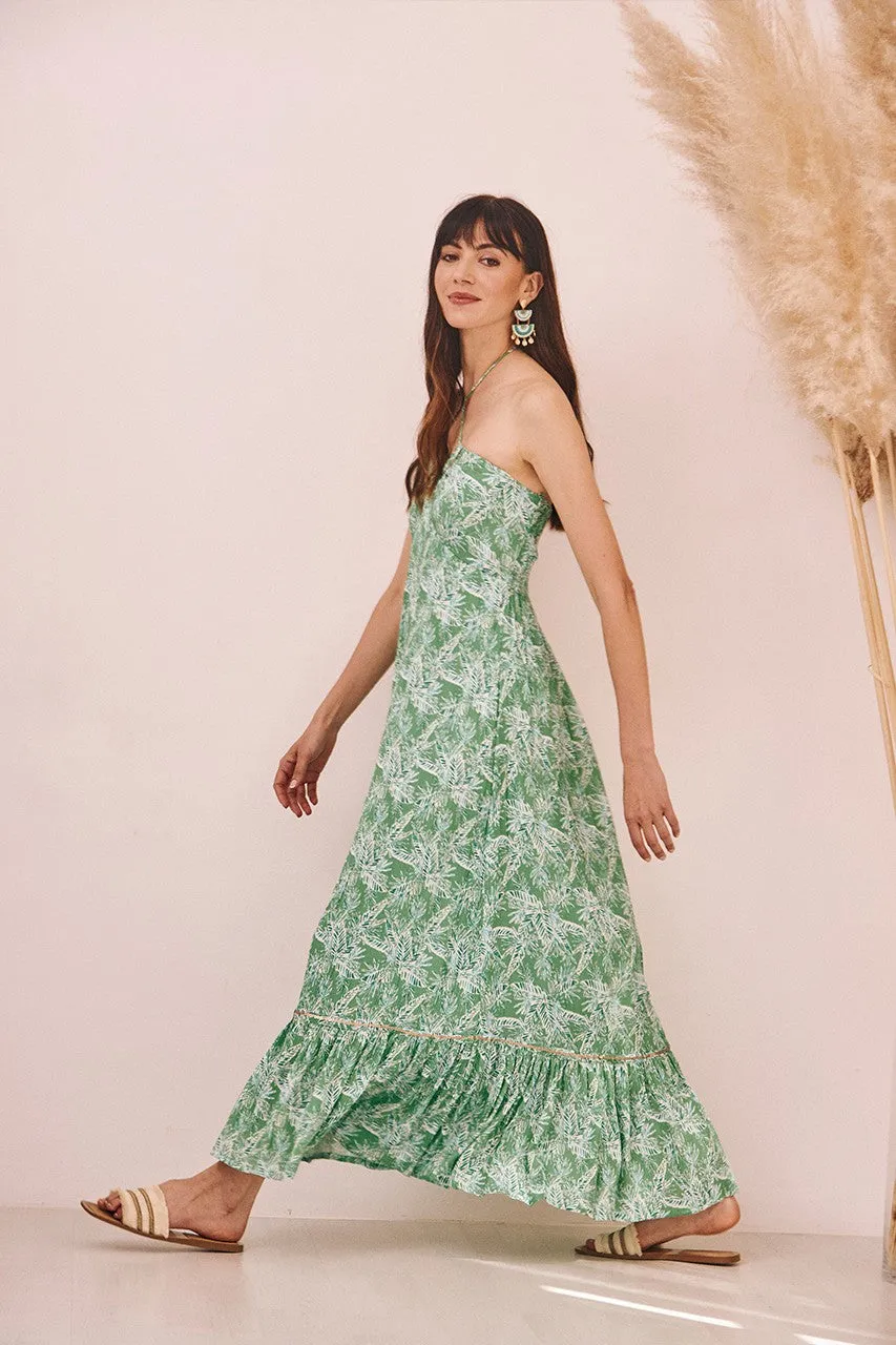 Green Printed Halter Dress