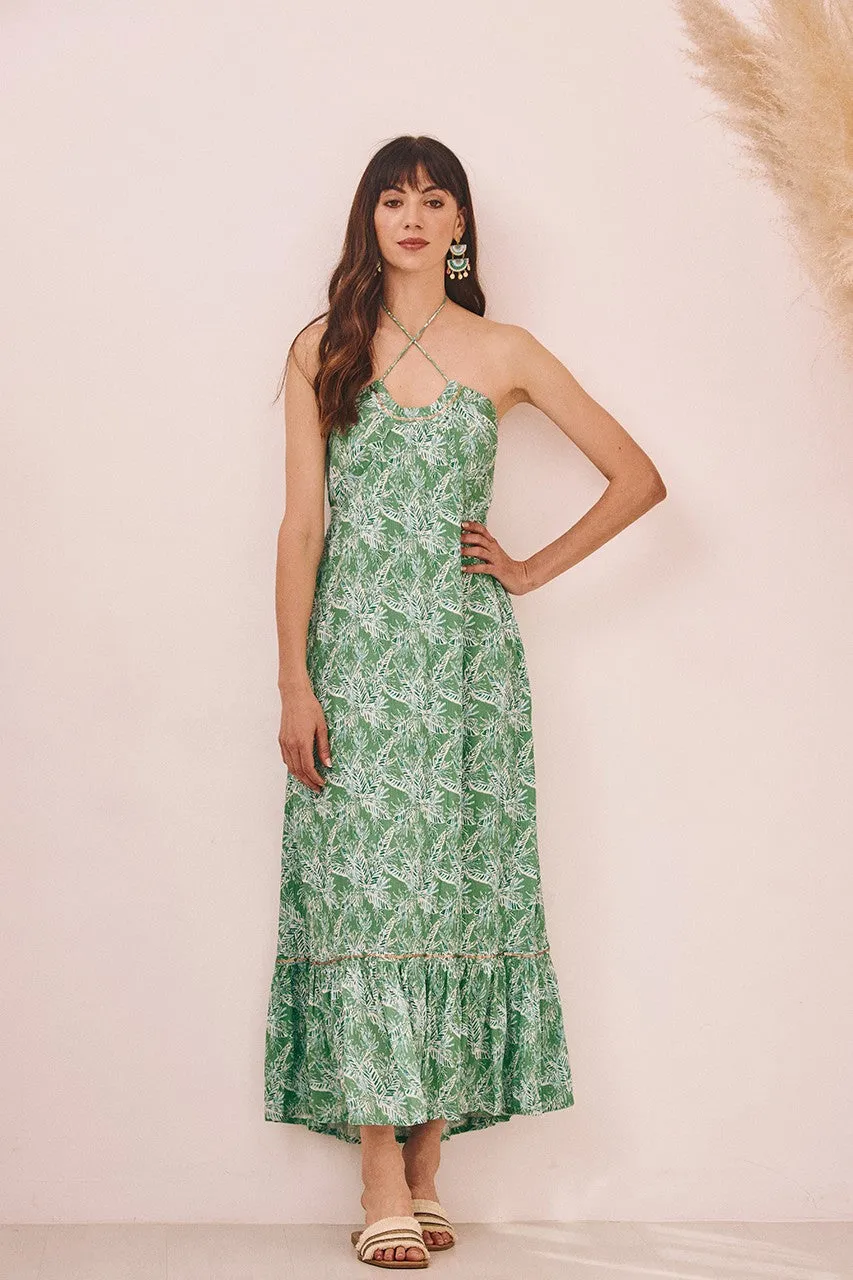 Green Printed Halter Dress