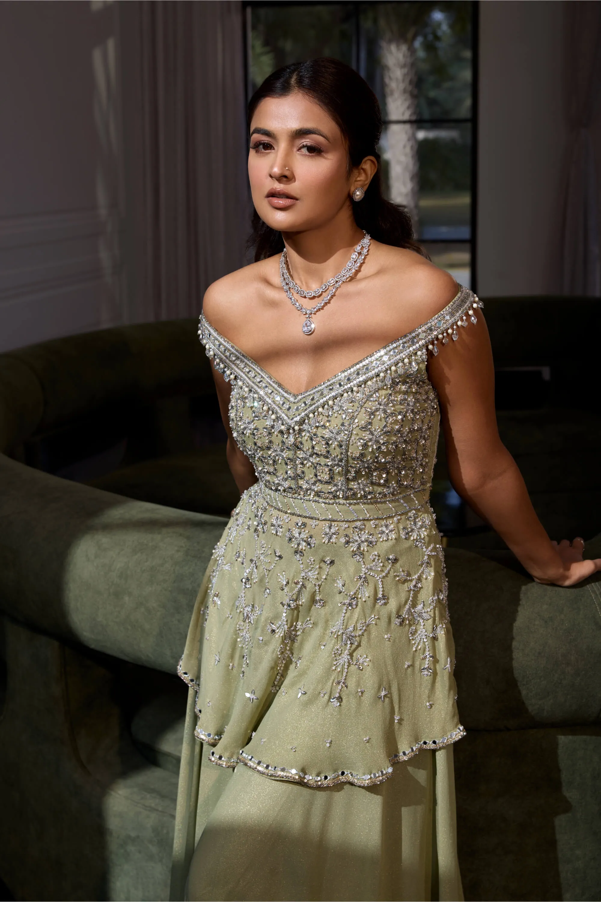 Green shimmer peplum and sharara set
