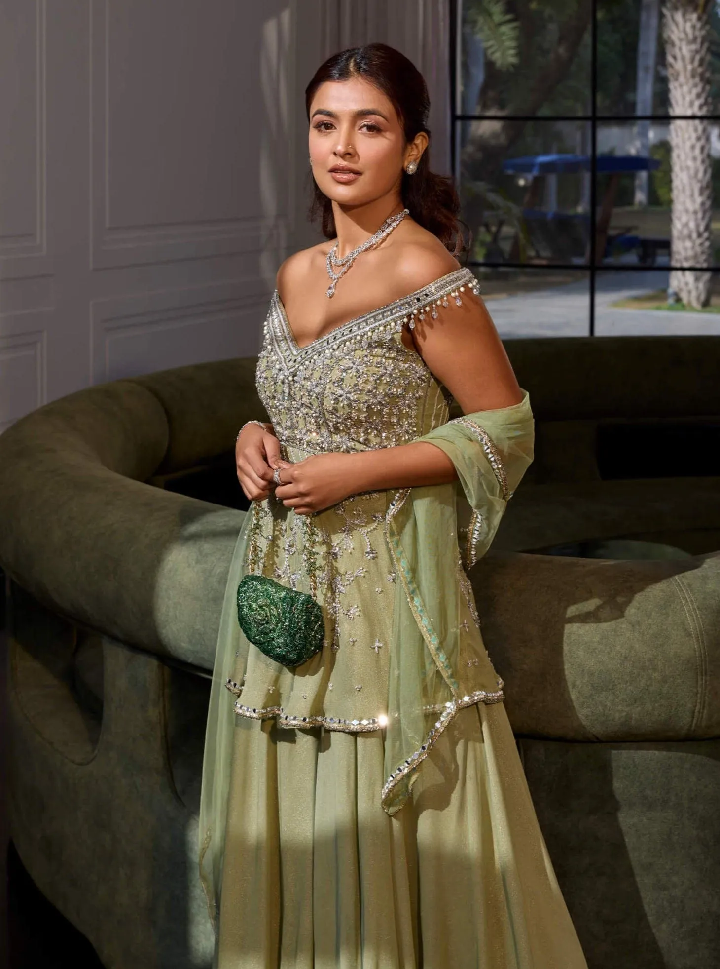 Green shimmer peplum and sharara set