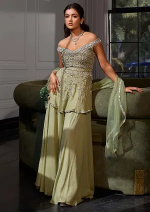 Green shimmer peplum and sharara set