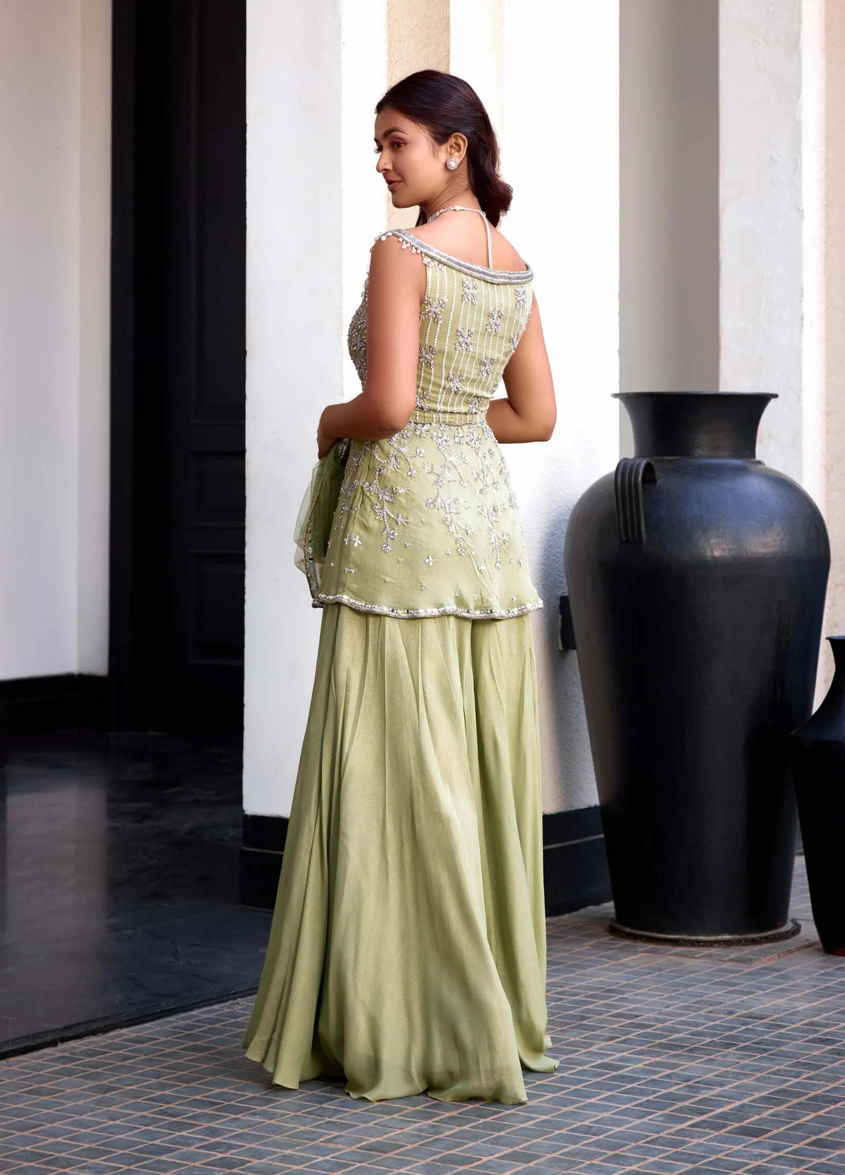 Green shimmer peplum and sharara set