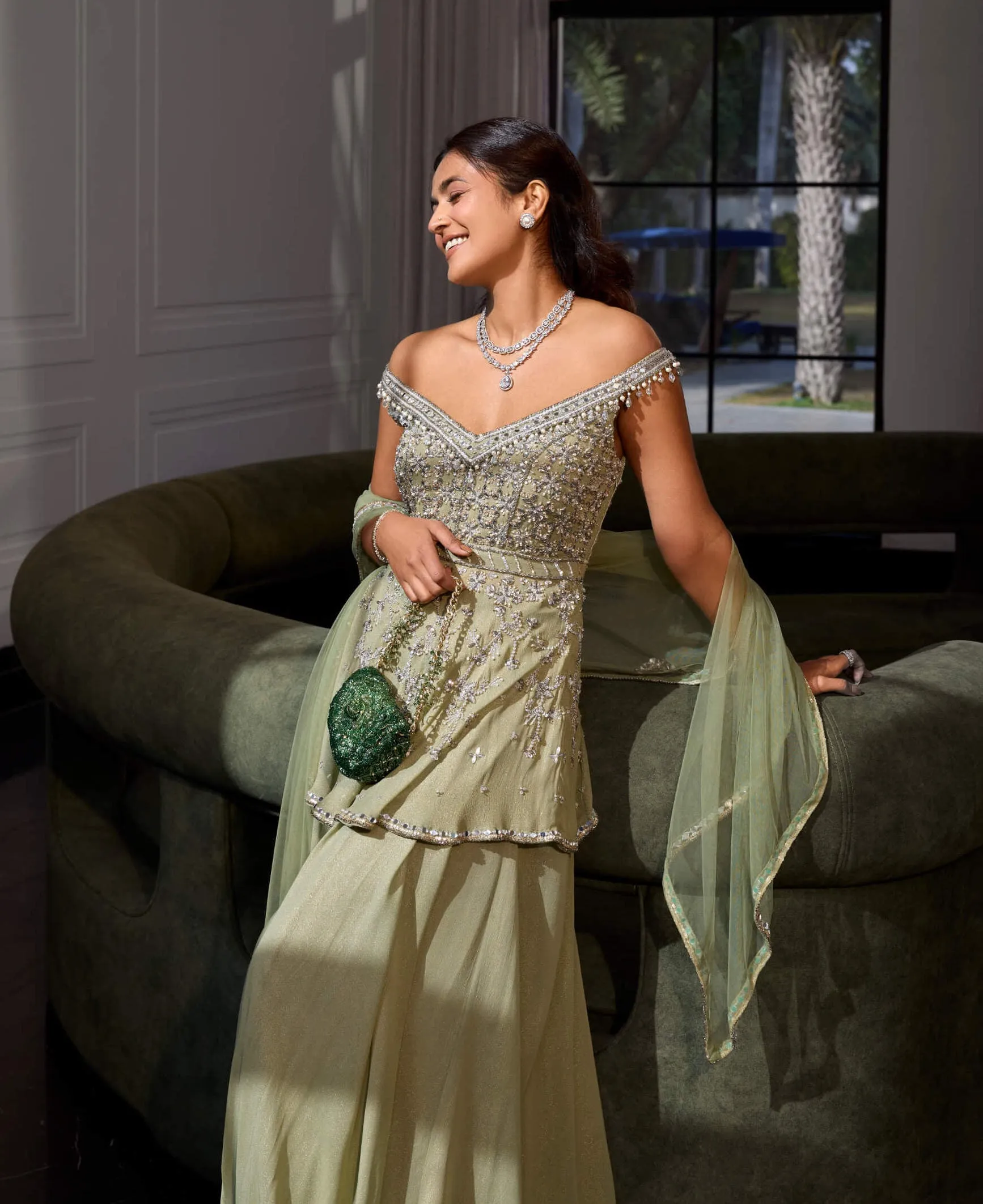 Green shimmer peplum and sharara set