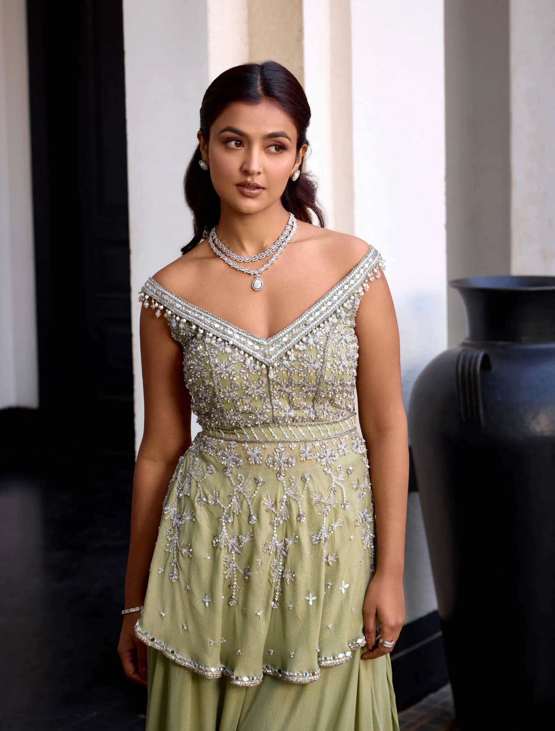Green shimmer peplum and sharara set