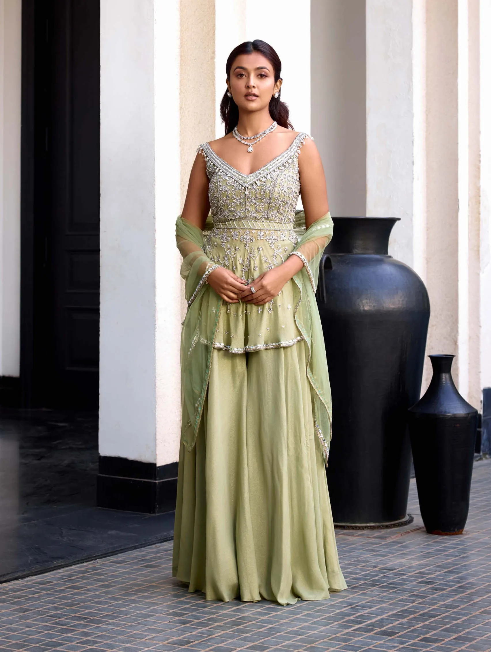 Green shimmer peplum and sharara set