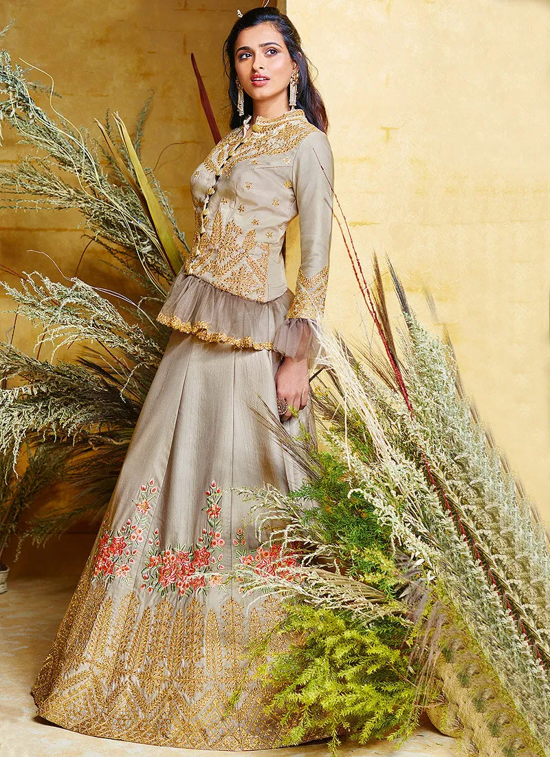 Grey And Pink Peplum Style Lehenga Suit