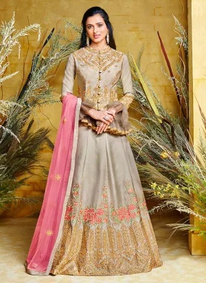 Grey And Pink Peplum Style Lehenga Suit