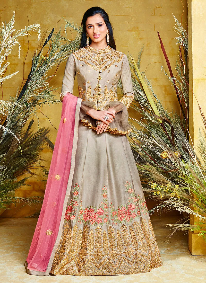 Grey And Pink Peplum Style Lehenga Suit