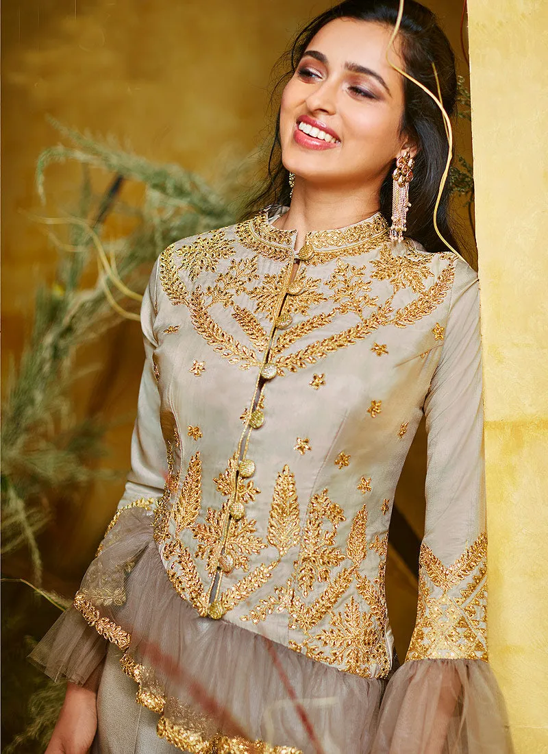 Grey And Pink Peplum Style Lehenga Suit
