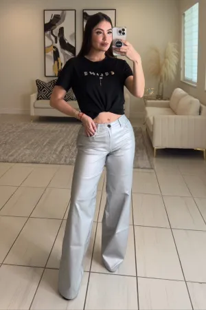 Grey Elastic Wide Leg Pants