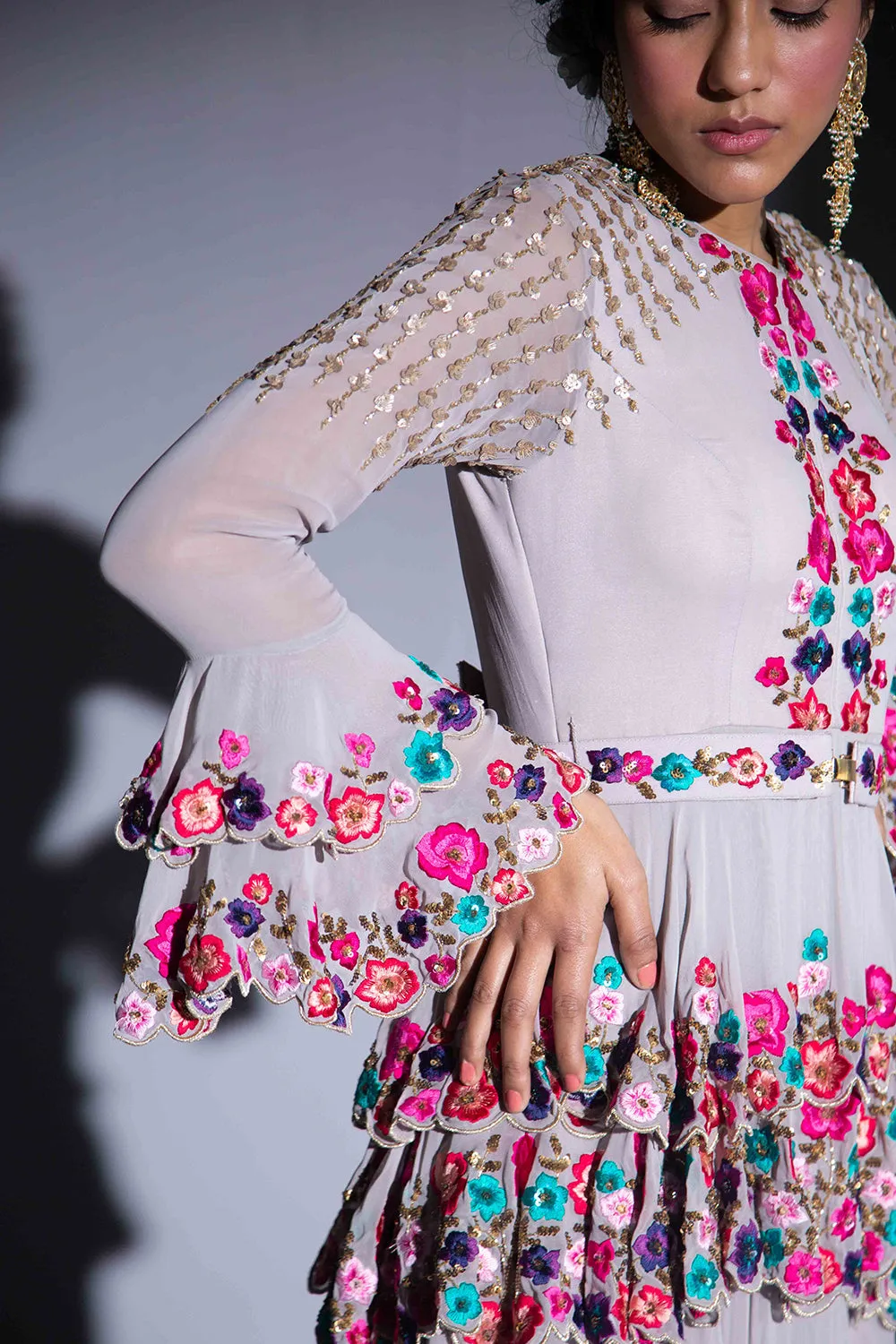 Grey Multi-Thread Embroidered Peplum Anarkali Suit With Bottoms And Dupatta