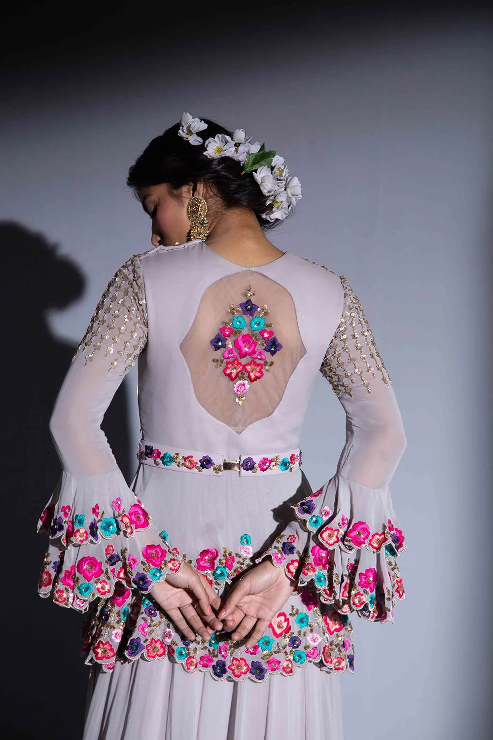 Grey Multi-Thread Embroidered Peplum Anarkali Suit With Bottoms And Dupatta
