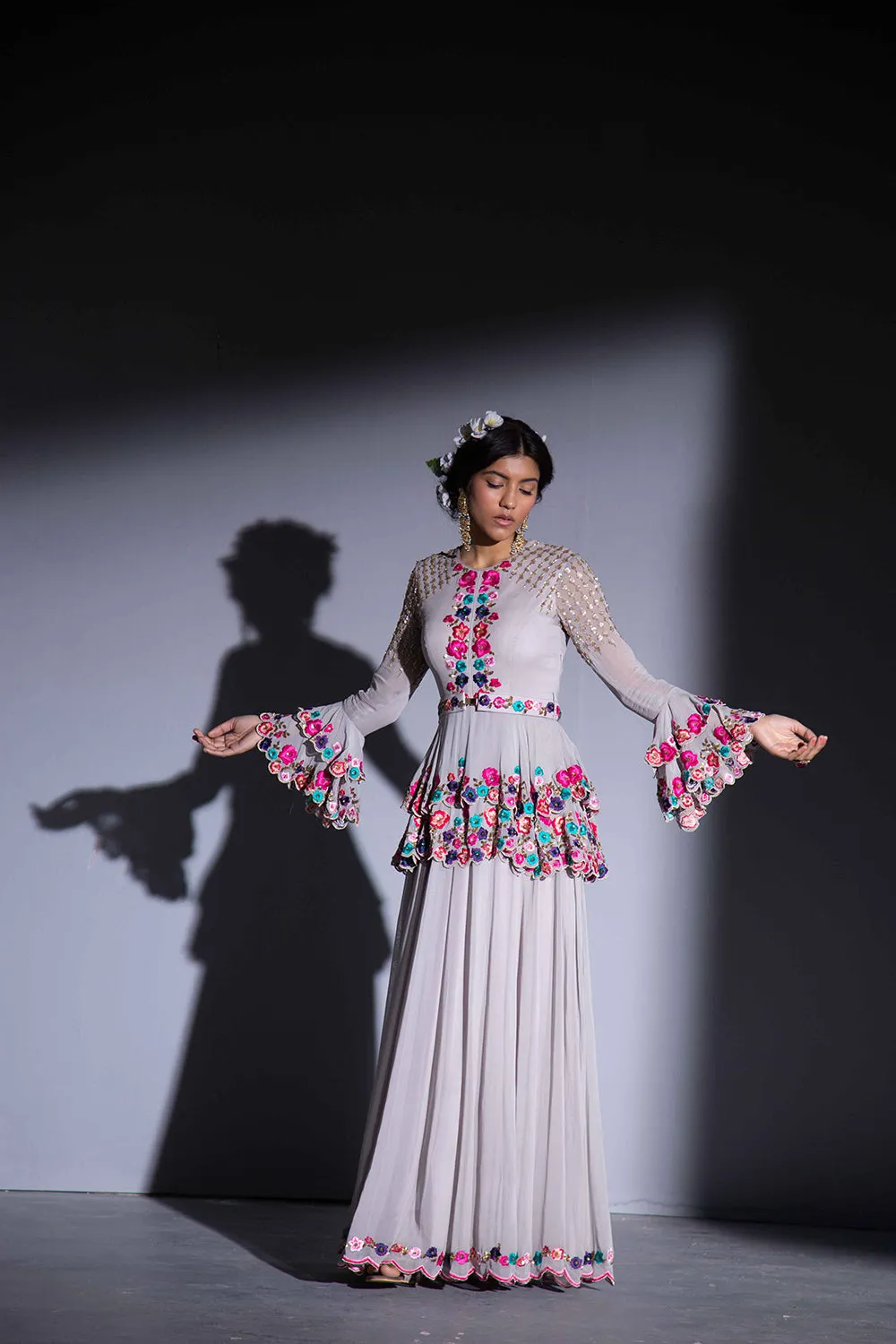 Grey Multi-Thread Embroidered Peplum Anarkali Suit With Bottoms And Dupatta