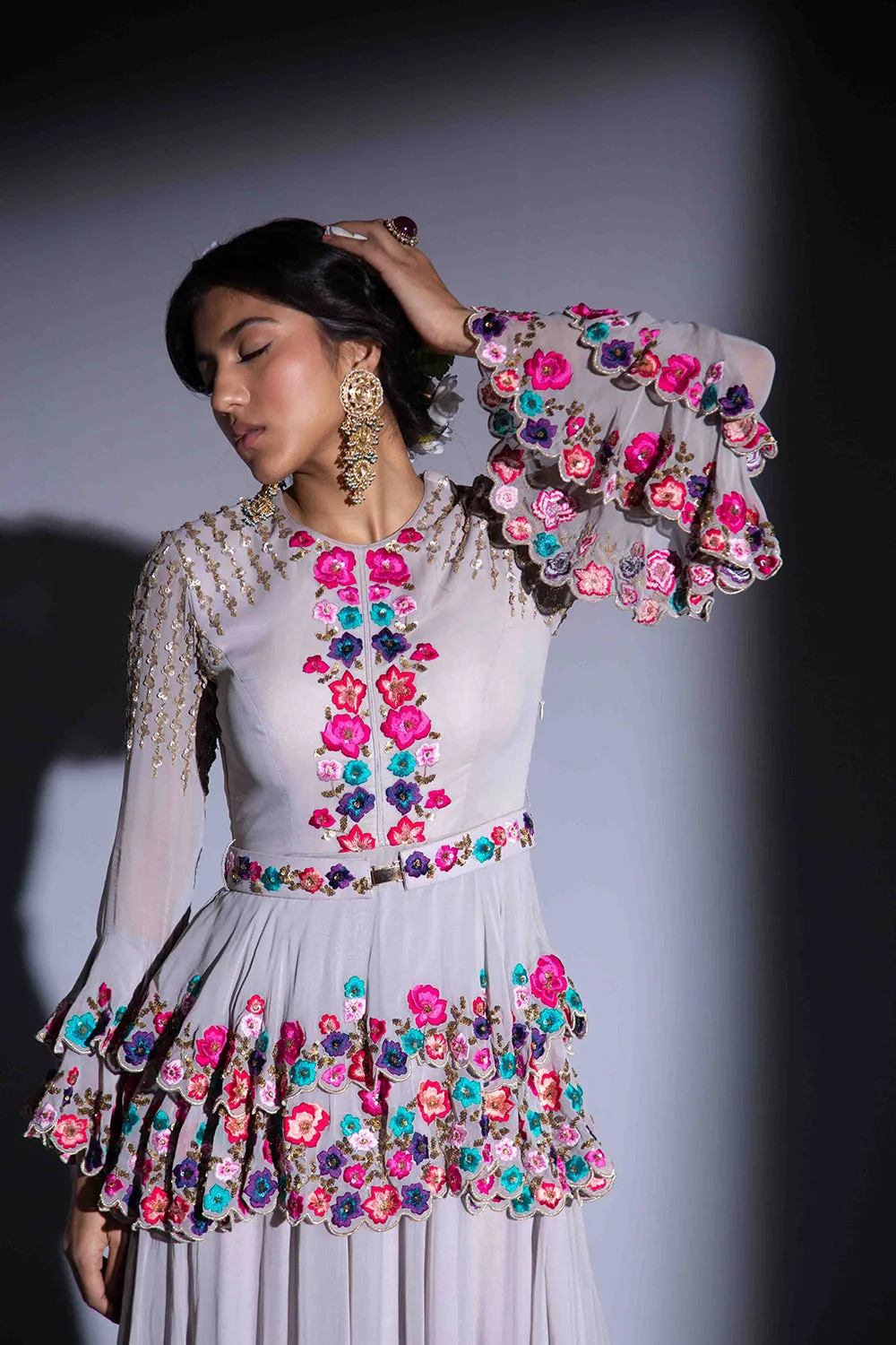 Grey Multi-Thread Embroidered Peplum Anarkali Suit With Bottoms And Dupatta