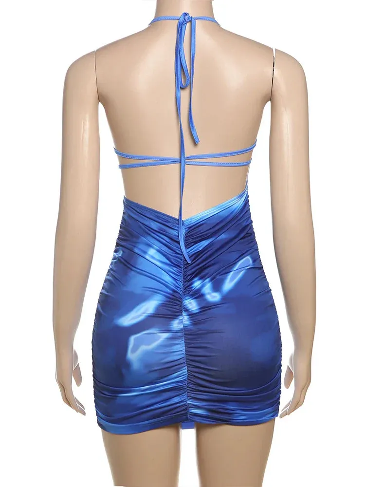 Halter Lace Up Backless Gradient Printed Mini Dress