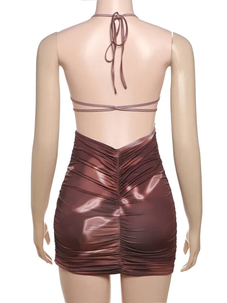 Halter Lace Up Backless Gradient Printed Mini Dress