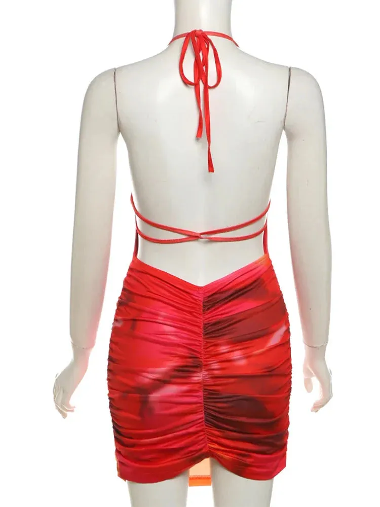 Halter Lace Up Backless Gradient Printed Mini Dress
