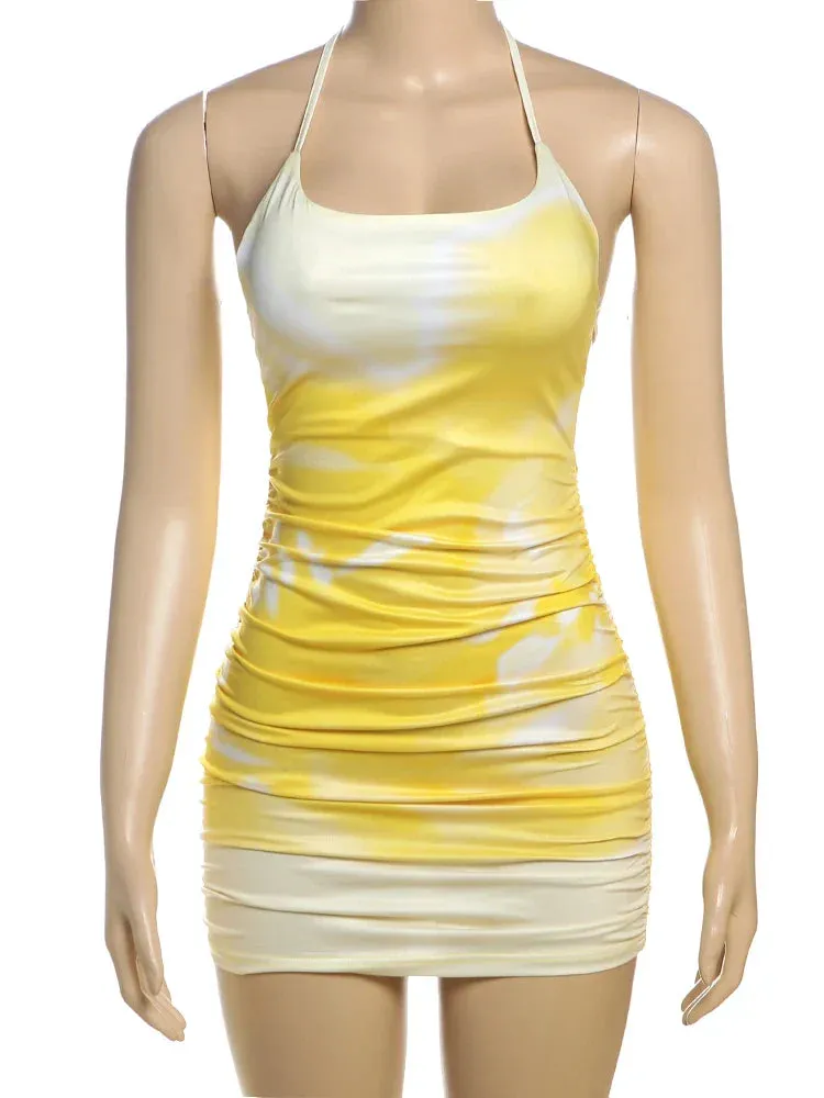 Halter Lace Up Backless Gradient Printed Mini Dress