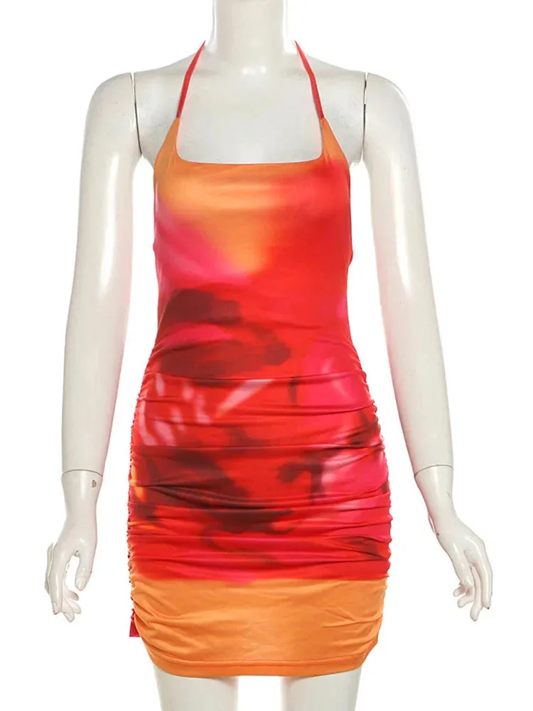 Halter Lace Up Backless Gradient Printed Mini Dress