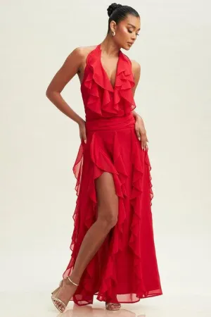 HALTER RUFFLE MAXI DRESS