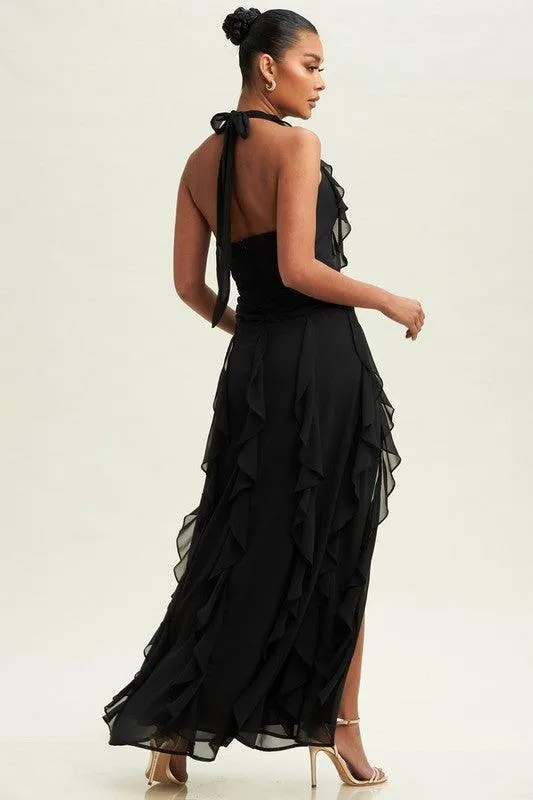 HALTER RUFFLE MAXI DRESS