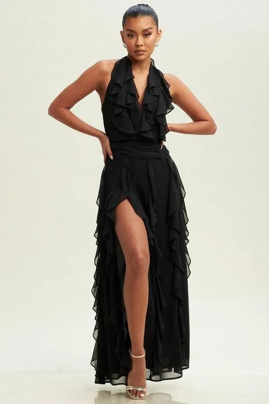 HALTER RUFFLE MAXI DRESS