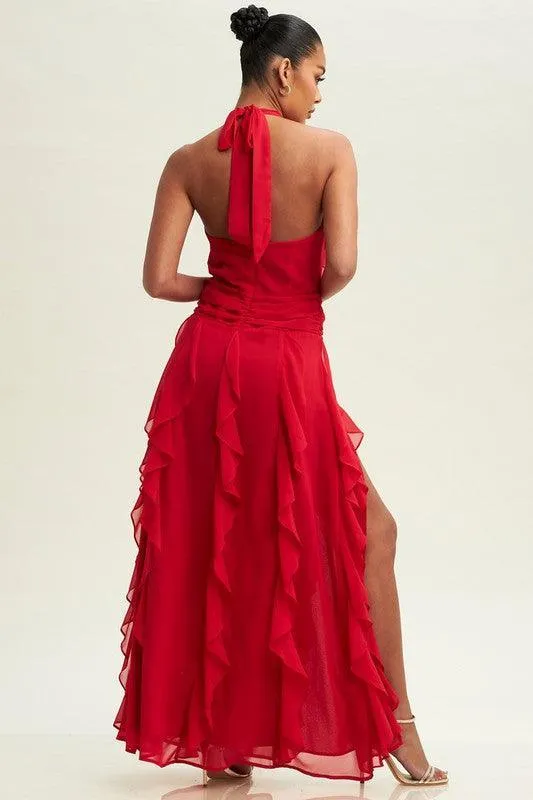 HALTER RUFFLE MAXI DRESS