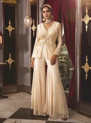 Hand Embroidered Ivory Peplum With Sharara