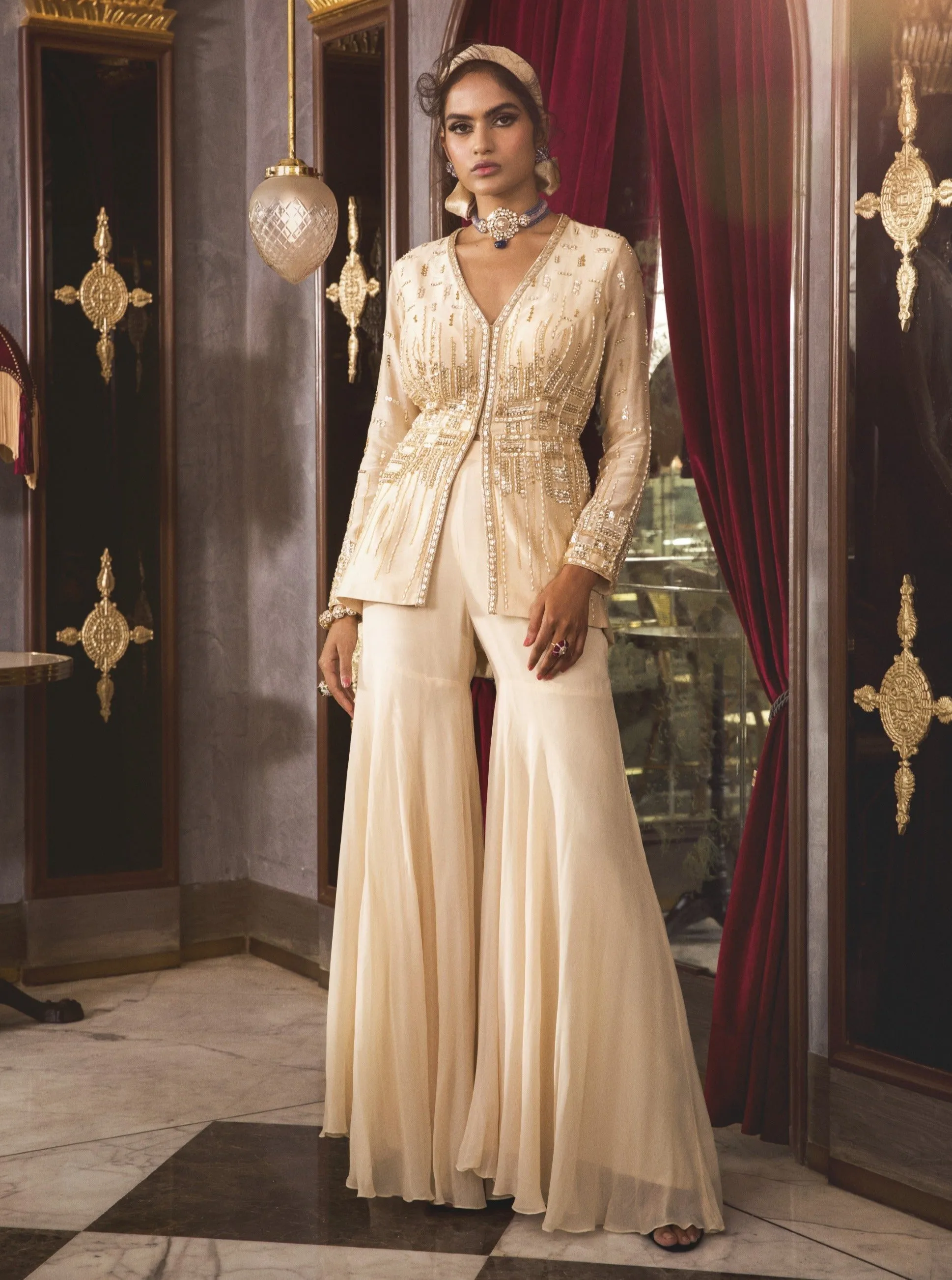 Hand Embroidered Ivory Peplum With Sharara