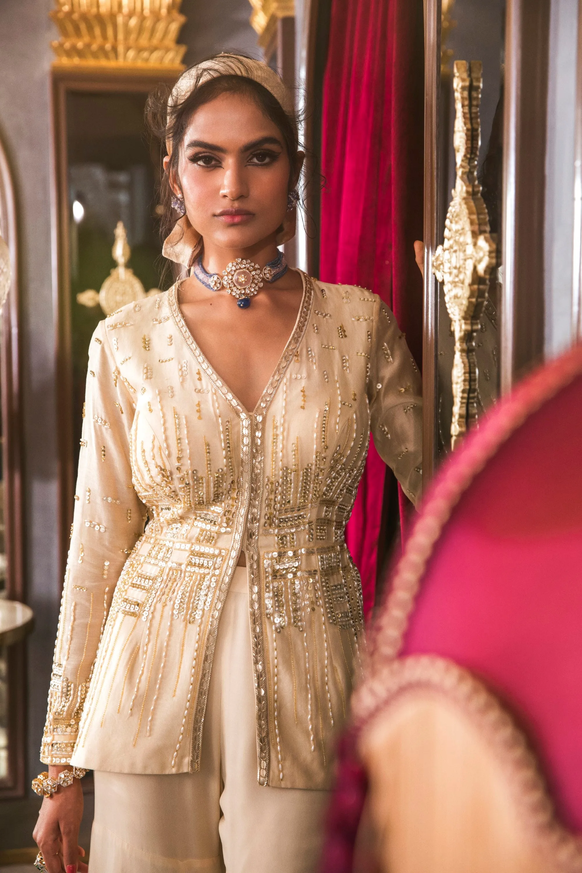 Hand Embroidered Ivory Peplum With Sharara