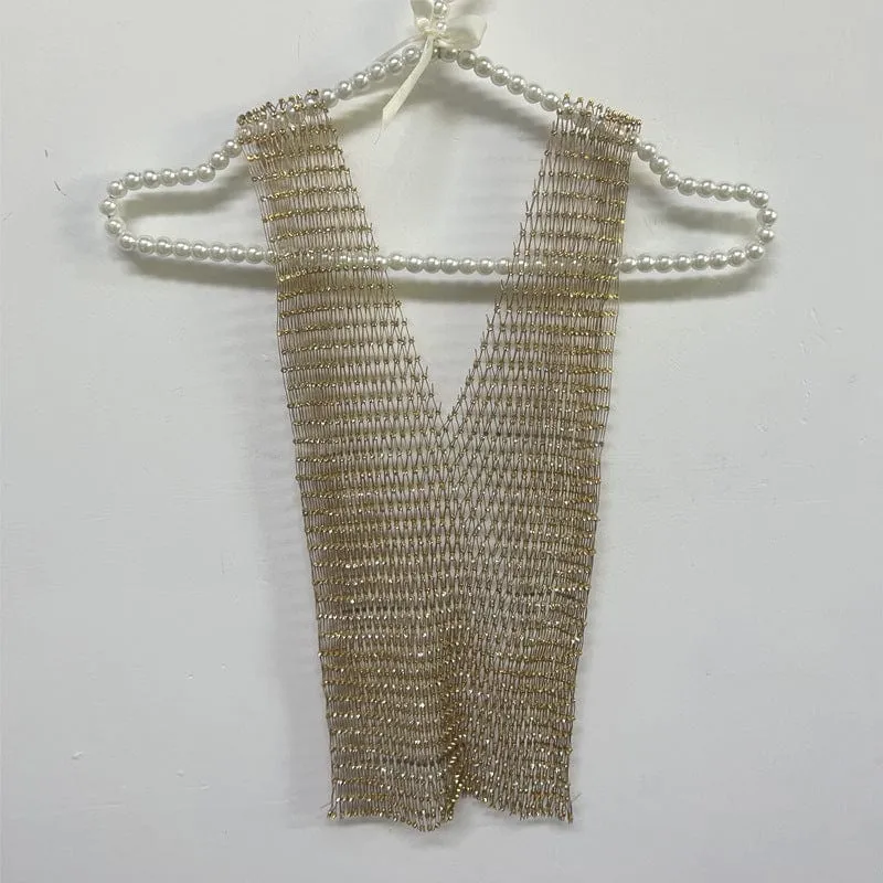 Handmade Bling Rhinestone Fishnet See Through Mesh Halter Top