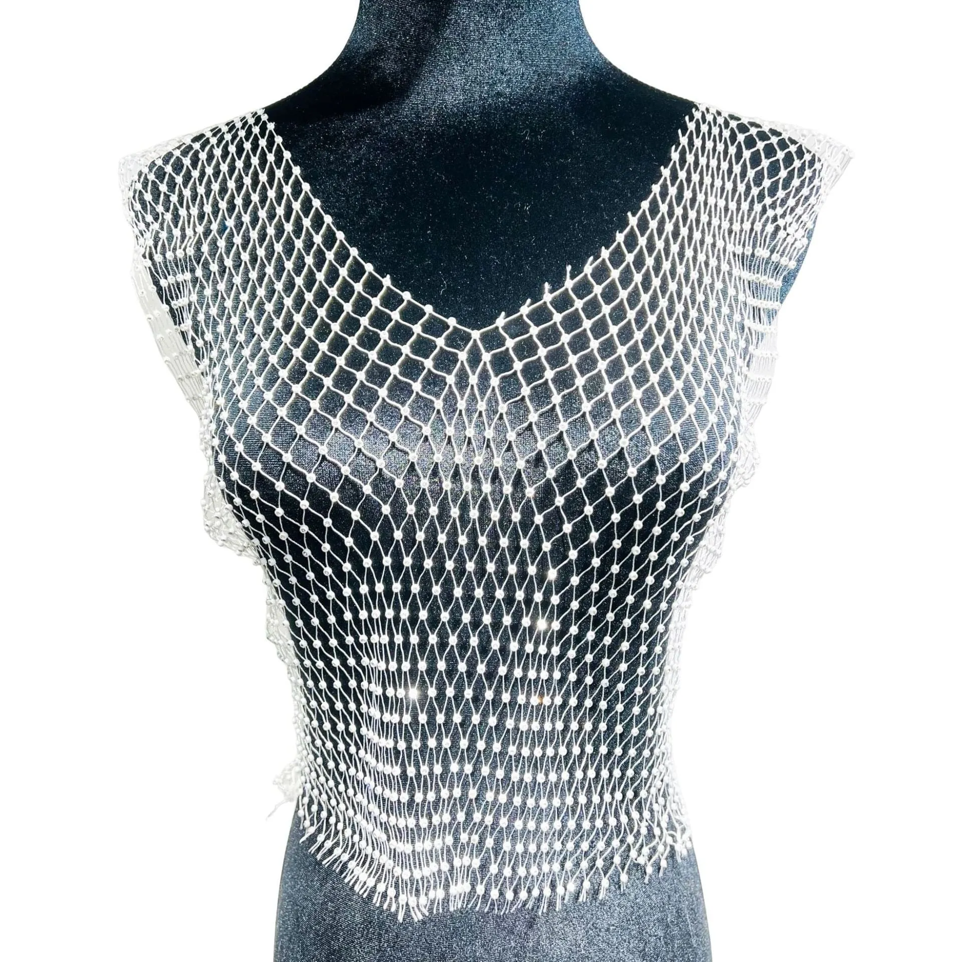 Handmade Bling Rhinestone Fishnet See Through Mesh Halter Top