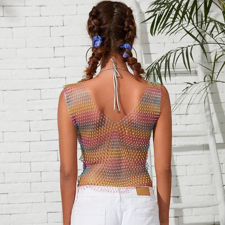 Handmade Bling Rhinestone Fishnet See Through Mesh Halter Top