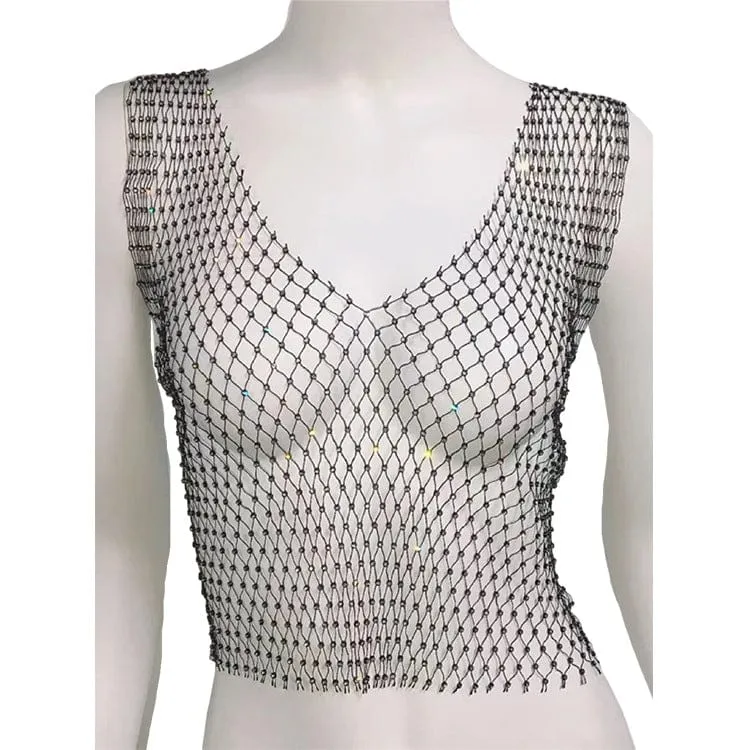 Handmade Bling Rhinestone Fishnet See Through Mesh Halter Top